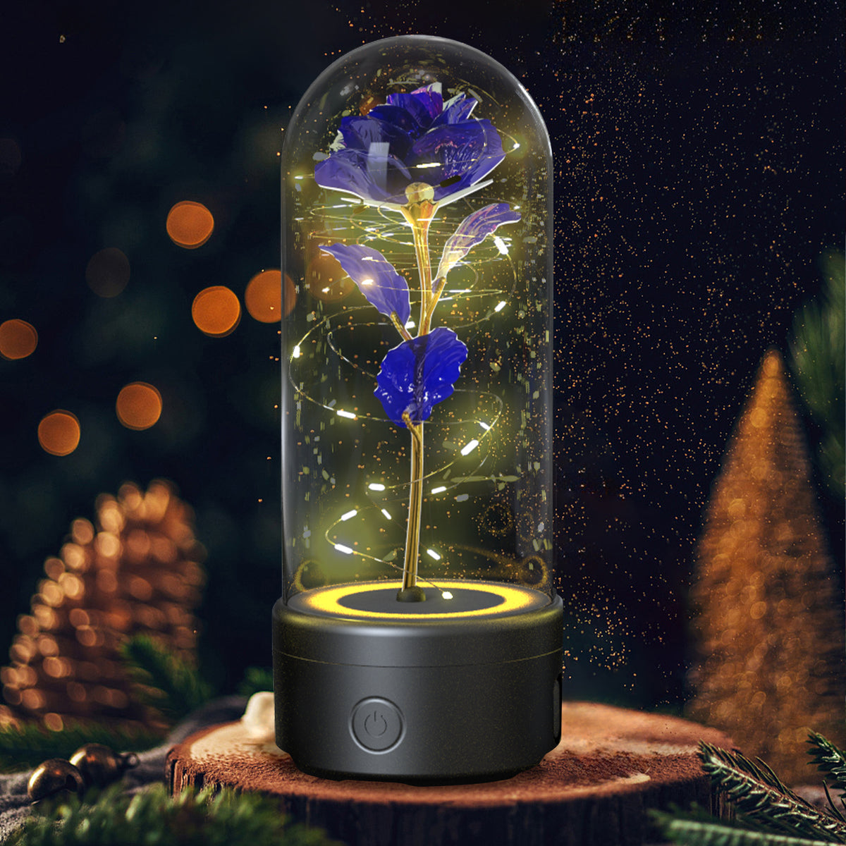 Purple rose lamp on a black base, lit up