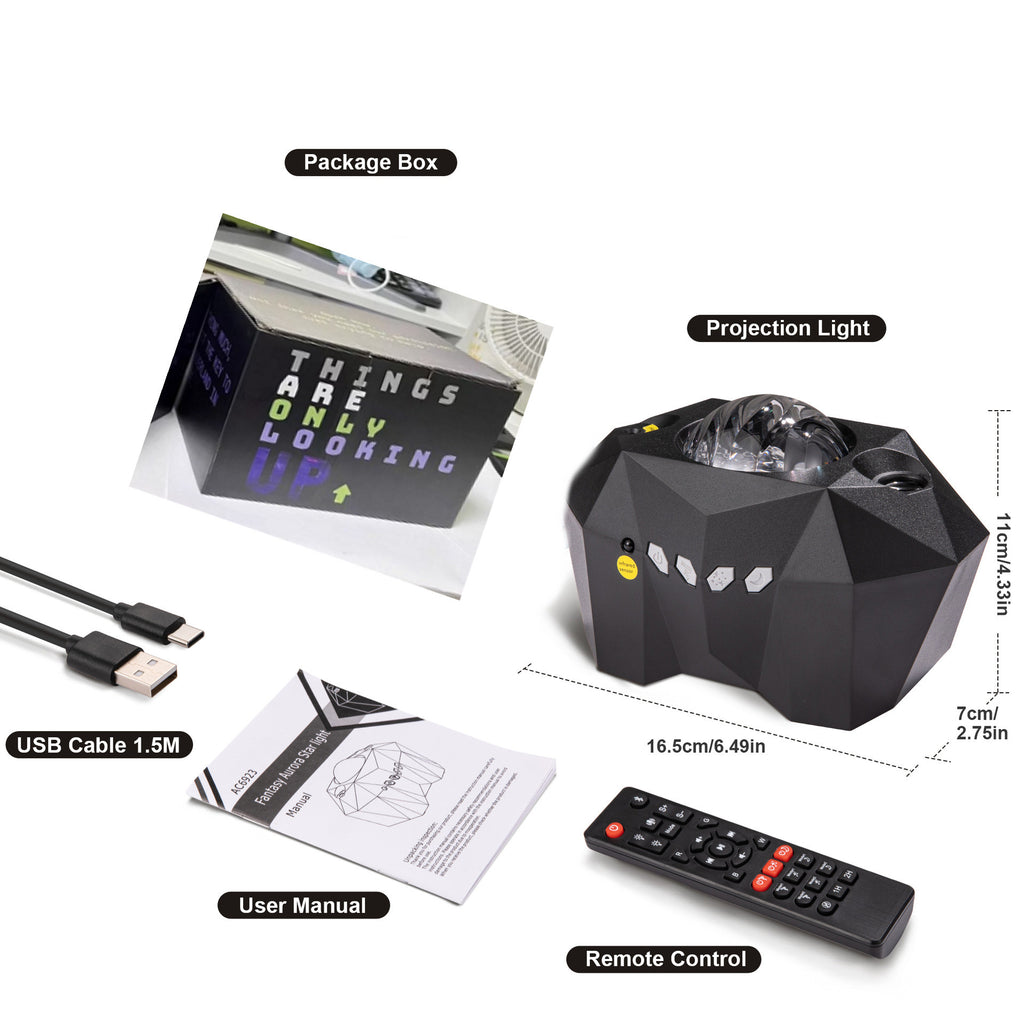 Black projector with remote, USB cable and manual, with dimensions