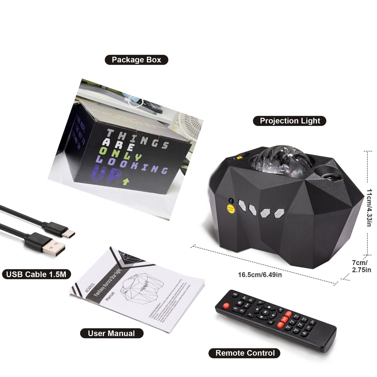 Black projector with remote, USB cable and manual, with dimensions