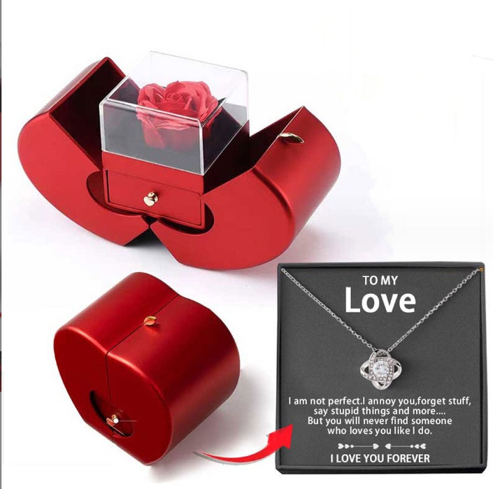 Silver-tone necklace on a To my Love message card with the apple rose box