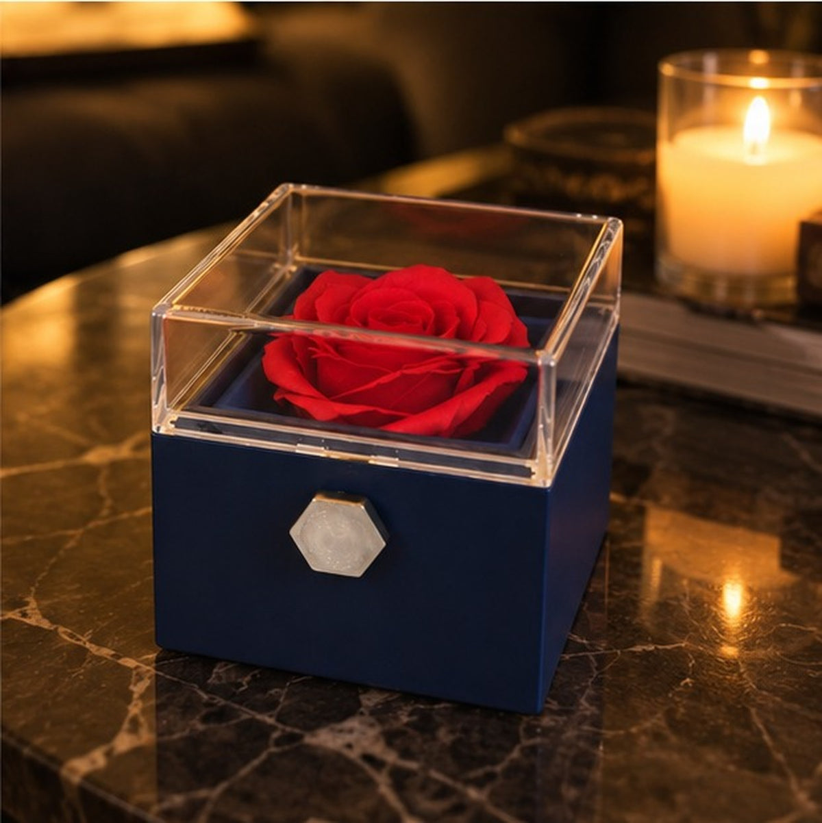 Navy soap rose gift box by candlelight
