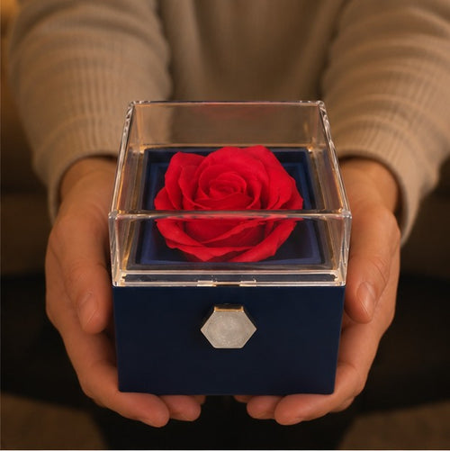 Navy soap rose gift box held in two hands