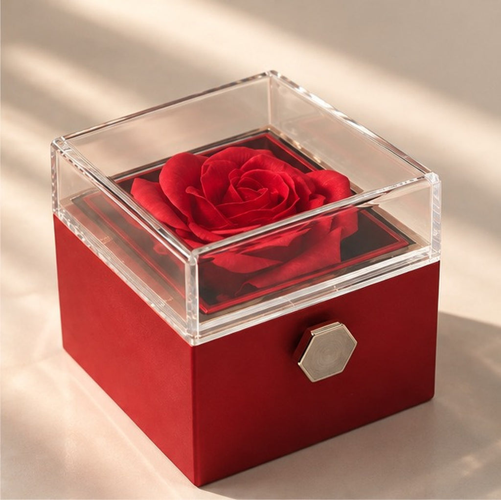 Red soap rose gift box, angled view